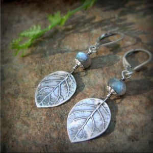 Leaf Earrings with Labradorite - Silvan Leaves - Botanical Jewelery Handmade